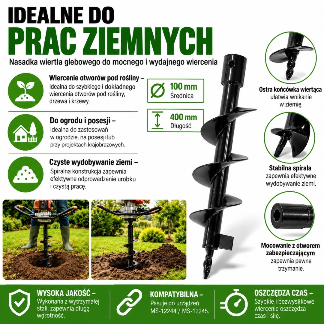 Zemní vrták 100 mm 400 mm šnek do země vrták ocelový na zahradu odolný M12928